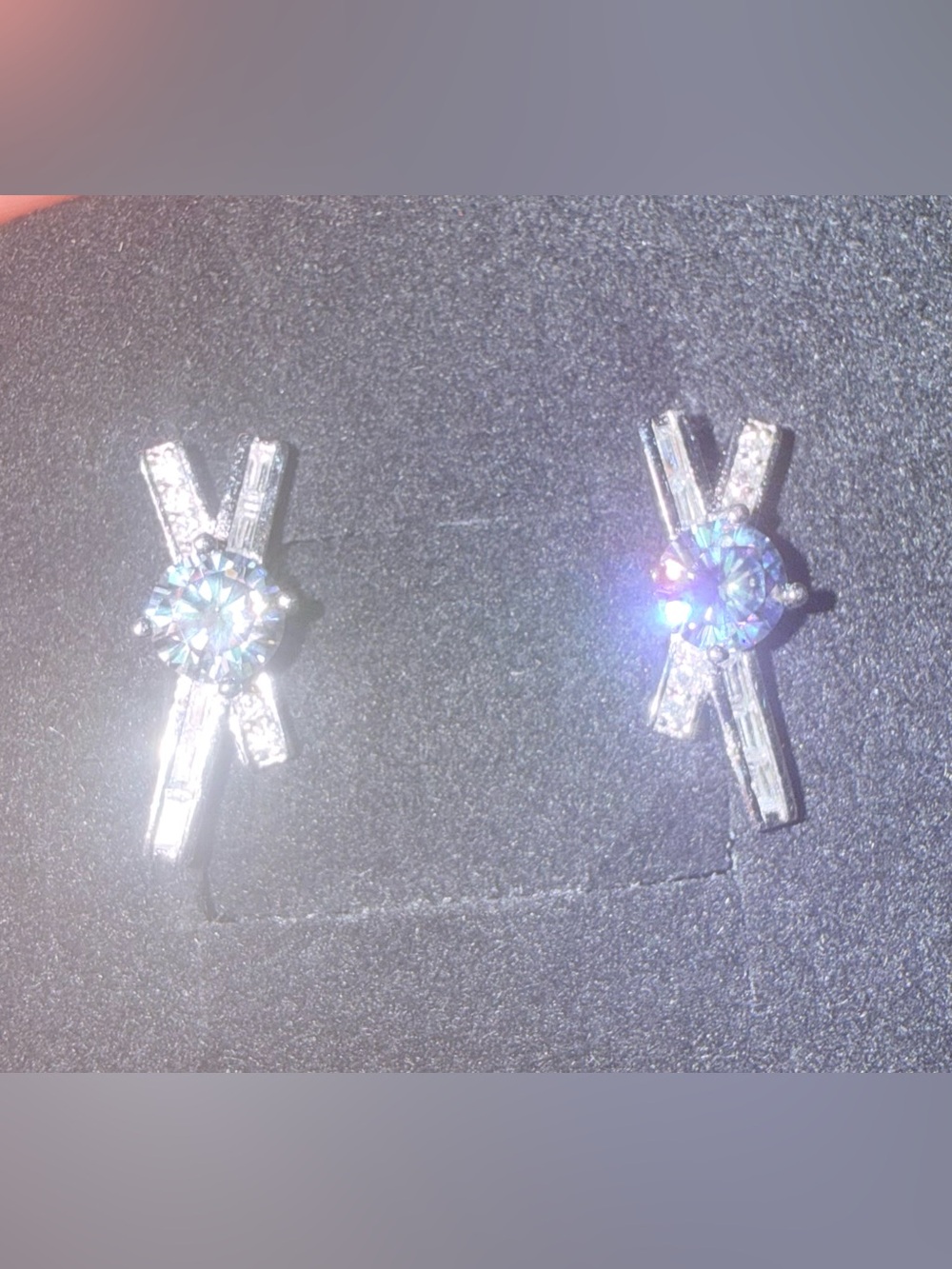 Silver 925  Cross Accent Stud Earrings rainbow blue Moissanite.35 each .75CT